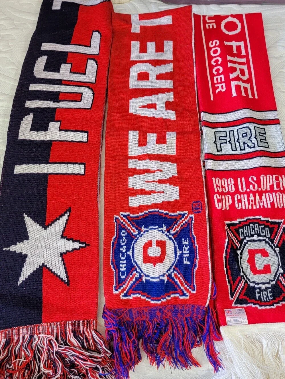 Lot Of 3 Vintage Chicago Fire Football US Soccer MLS Rectangle Fringed Scarves